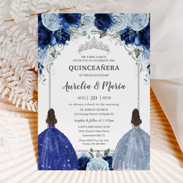 Royal Baby Blue Floral Twins Silver Quinceañera Invitation (Creator Uploaded)