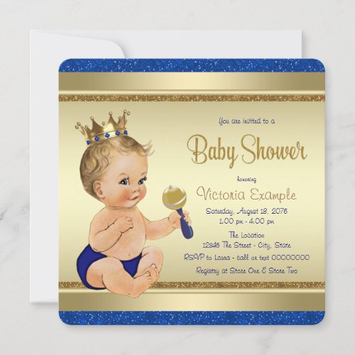 Royal Baby Boy Blue Gold Prince Baby Shower Invitation