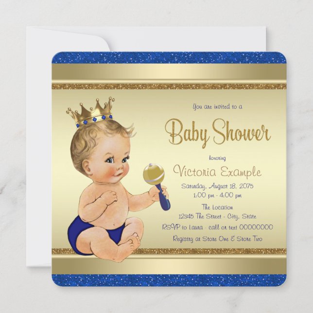 Royal Baby Boy Blue Gold Prince Baby Shower Invitation (Front)