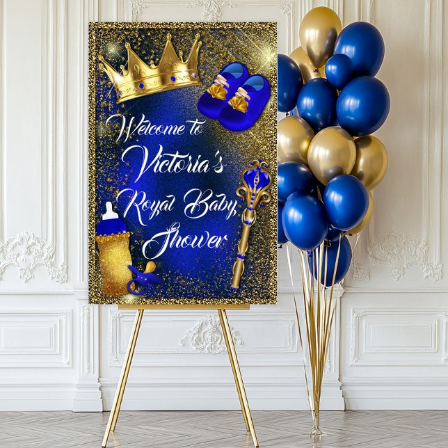 Royal Baby Shower Prince Baby Shower Welcome Sign (Beautiful royal blue and gold prince baby things baby shower welcome sign. Simply add your details.)