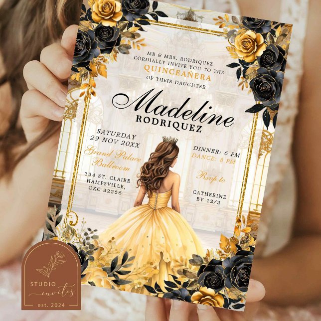Royal Ballroom Black and Gold Quinceanera Invitation (Creator Uploaded)