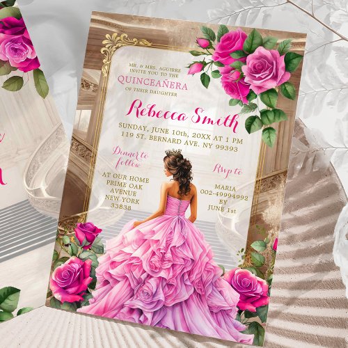 Royal Ballroom Pink Fuschia Floral Quinceaera Invitation