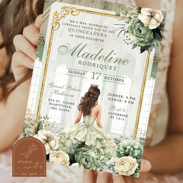 Royal Ballroom Sage Green Quinceañera Invitation (Creator Uploaded)