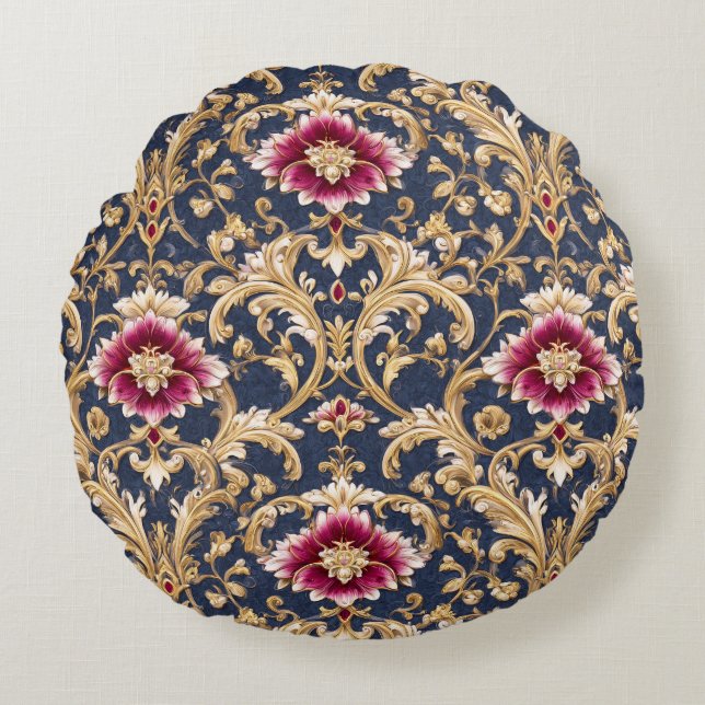Royal Baroque Floral on Deep Blue Round Pillow (Front)