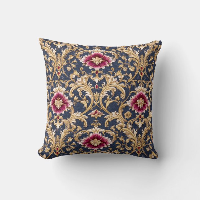 Royal Baroque Floral on Deep Blue Throw Pillow (Front)