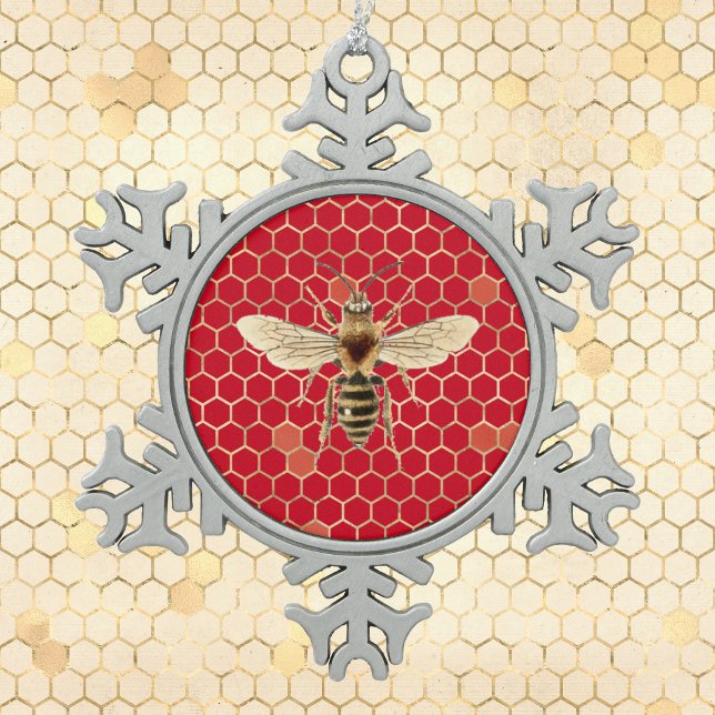 Royal Bee and Honeycomb on Red  Snowflake Pewter Christmas Ornament (Creator Uploaded)