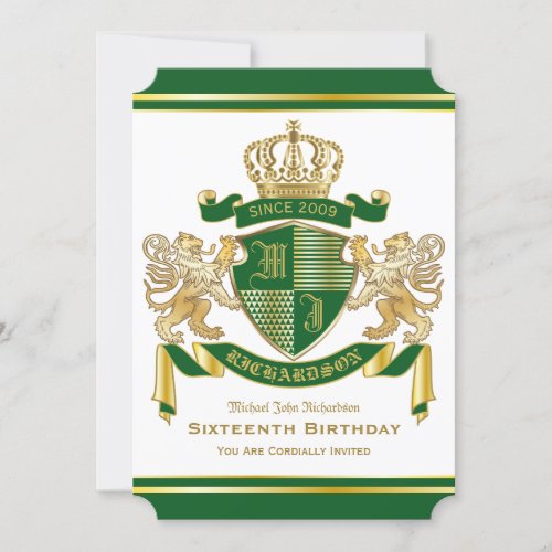 Royal Birthday Coat of Arms Green Gold Lion Emblem Invitation