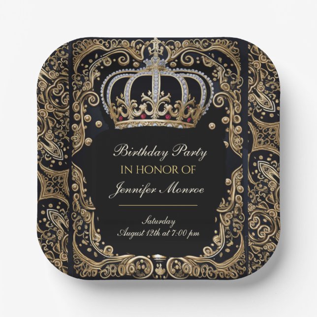Royal Birthday Party Crown Ornate Invitation Paper Plates (Front)