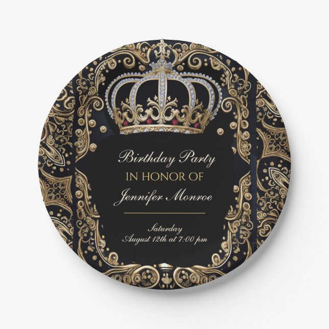 Royal Birthday Party Crown Ornate Invitation Paper Plates (Front)