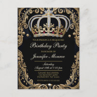 Royal Birthday Party Crown Ornate Invitation Postcard