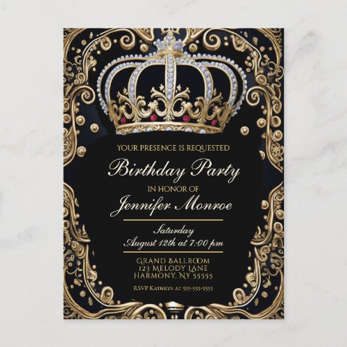 Royal Birthday Party Crown Ornate Invitation Postcard