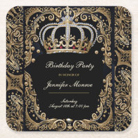Royal Birthday Party Crown Ornate Invitation Square Paper Coaster