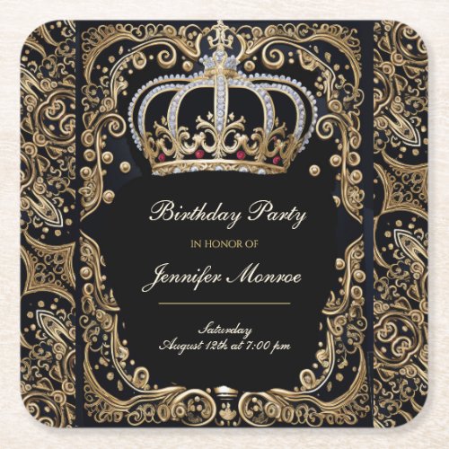 Royal Birthday Party Crown Ornate Invitation Square Paper Coaster