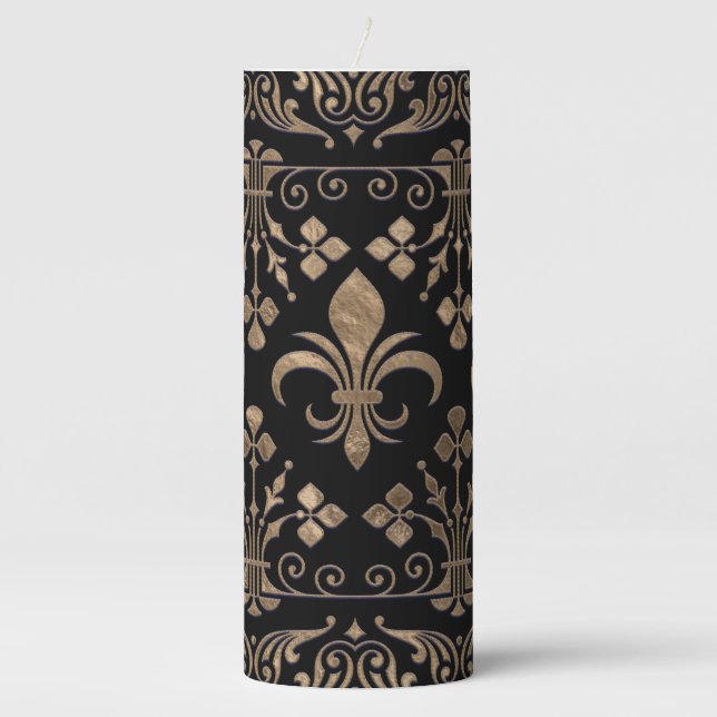 Royal black and gold Fleur-de-lis ornament Pillar Candle (Front)