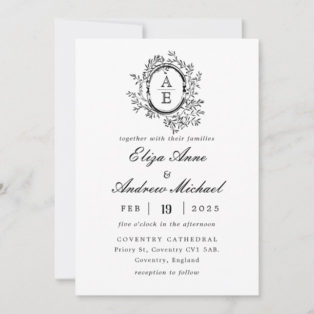 Royal Black and White Monogram Crest Wedding Invitation (Front)