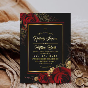 Royal Black Burgundy Roses Boho Wedding Foil Invitation