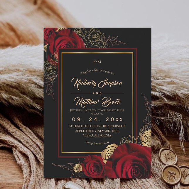 Royal Black Burgundy Roses Boho Wedding Invitation (Creator Uploaded)