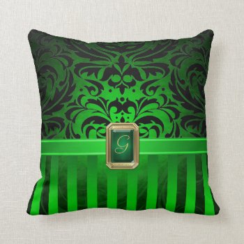 Royal Black Damask Green Pinstripe Faux Jewel Throw Pillow by TheInspiredEdge at Zazzle