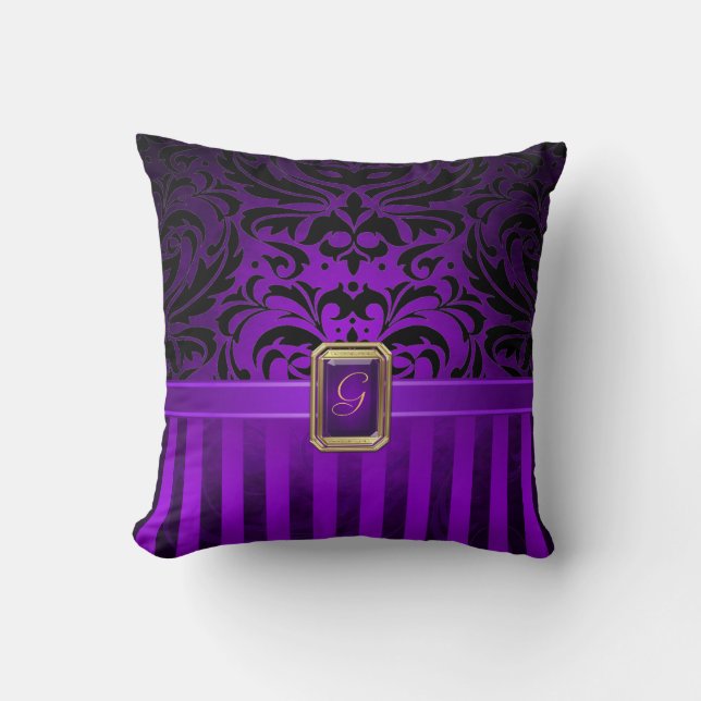 Royal Black Damask Purple Pinstripe Faux Jewel Throw Pillow (Front)