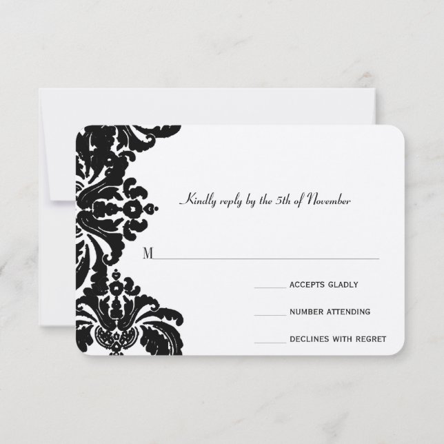 Royal Black Damask Wedding RSVP (Back)