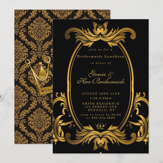 Royal Black Gold Bridesmaids Luncheon Invitation (Front/Back)