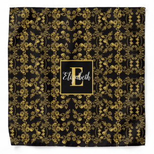 Royal Black & Gold Damask Floral Custom Name Bandana