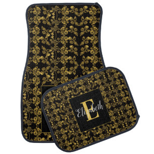 Royal Black & Gold Damask Floral Custom Name Car Floor Mat