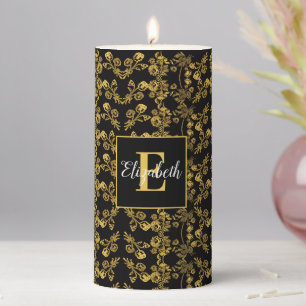 Royal Black & Gold Damask Floral Custom Name Pillar Candle