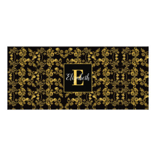 Royal Black & Gold Damask Floral Custom Name Rack Card