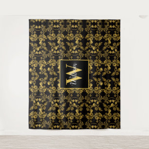 Royal Black & Gold Damask Floral Custom Name Tapestry