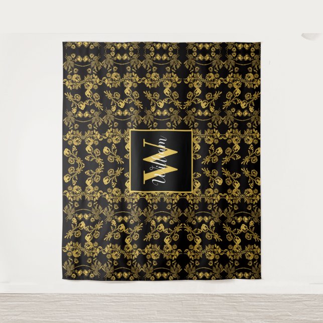 Royal Black & Gold Damask Floral Custom Name Tapestry (Front)