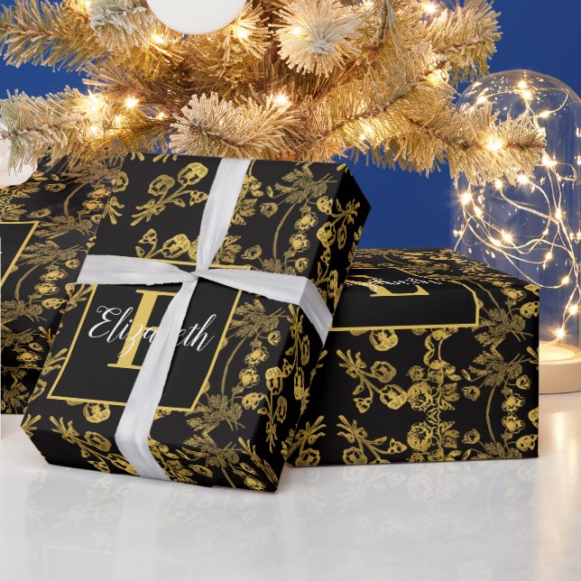 Royal Black & Gold Damask Floral Custom Name Wrapping Paper (Holidays)
