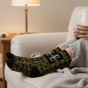 Royal Black & Gold Damask Floral Pattern Monogram Socks