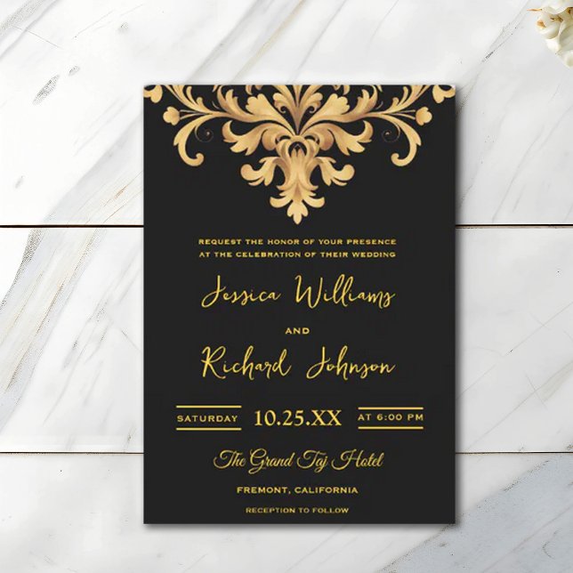 Royal Black Gold Damask Watercolor Wedding Invitation (Creator Uploaded)