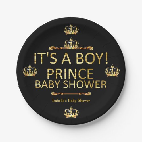 Royal Black Gold Prince Baby Shower Its A Boy Paper Plates