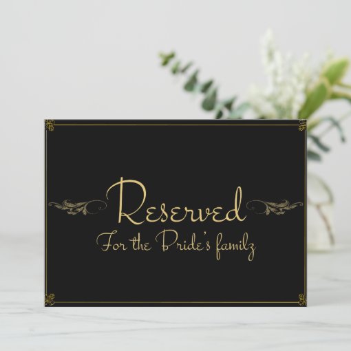 Royal black gold Reserved Wedding Sign Card | Zazzle