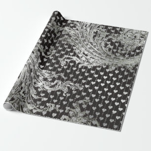 Royal Black Hearts Baroque Silver Hearts Gray Wrapping Paper