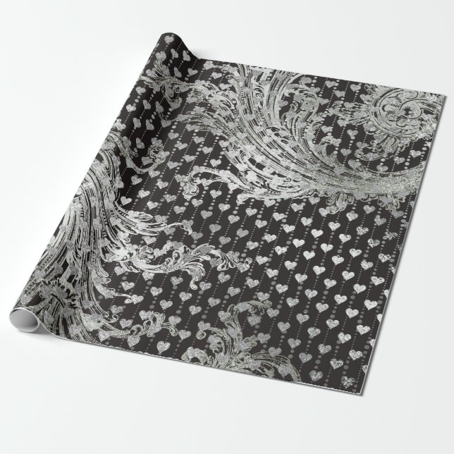 Royal Black Hearts Baroque Silver Hearts Gray Wrapping Paper (Unrolled)