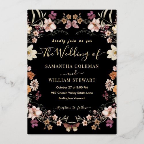 Royal Black Pastel Boho Wildflower Modern Wedding Foil Invitation