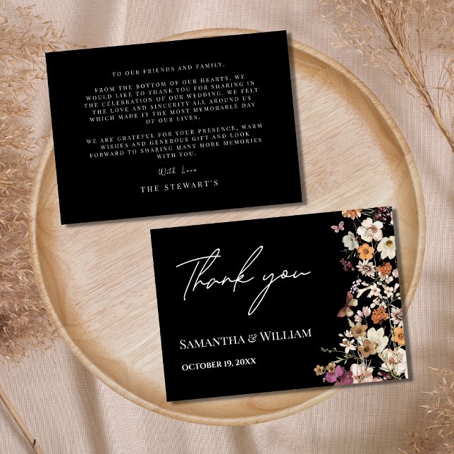 Royal Black Pastel Boho Wildflower Modern Wedding Thank You Card (Creator Uploaded)