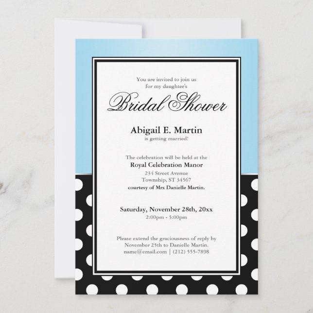 Royal Black Polka Dot Blue Bridal Shower Invitation (Front)