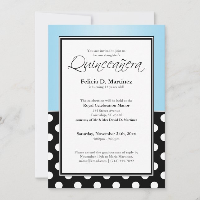 Royal Black Polka Dot Blue Quinceañera Invitations (Front)