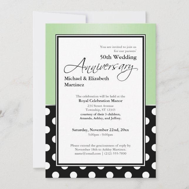 Royal Black Polka Dot Green 50th Anniversary Invitation (Front)