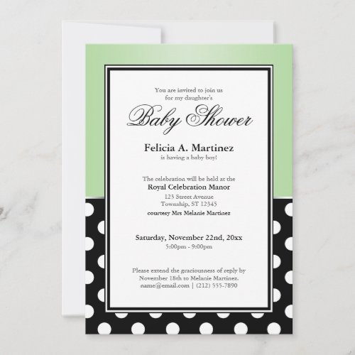 Royal Black Polka Dot Green Baby Shower Invitation