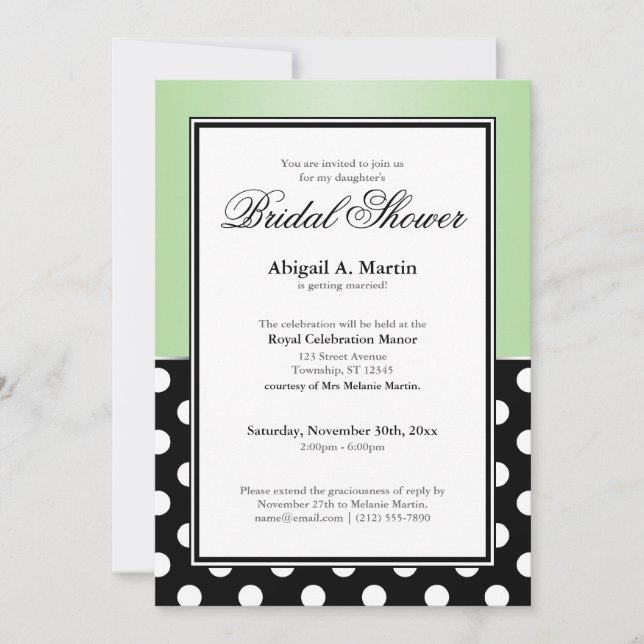 Royal Black Polka Dot Green Bridal Shower Invitation (Front)