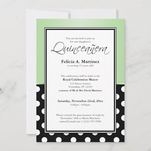 Royal Black Polka Dot Green Quinceañera Invitation (Front)