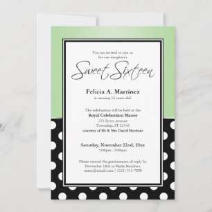 Royal Black Polka Dot Green Sweet Sixteen Invitation