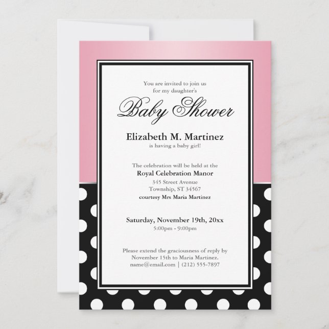 Royal Black Polka Dot Pink Baby Shower Invitations (Front)