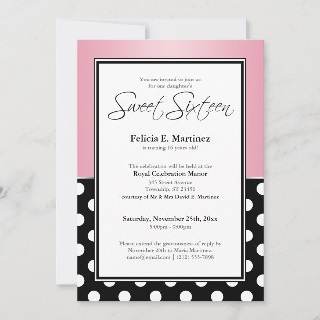 Royal Black Polka Dot Pink Sweet Sixteen Invitation (Front)
