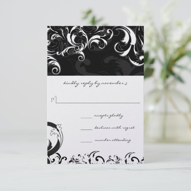 Royal Black Swirls Wedding RSVP (Standing Front)